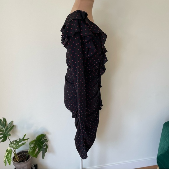 VERONICA BEARD Leona Ruched Black Red Polka-Dot One-Shoulder Ruffle Dress EUC 6 - Picture 7 of 12